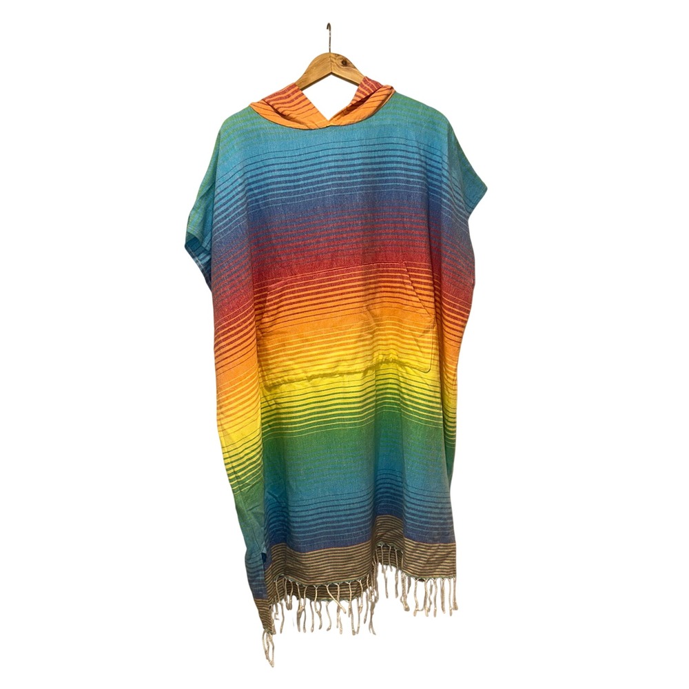 Pride Rainbow Striped Hooded Poncho Serape Boho Festival Wrap with Fringe‎ Hem
